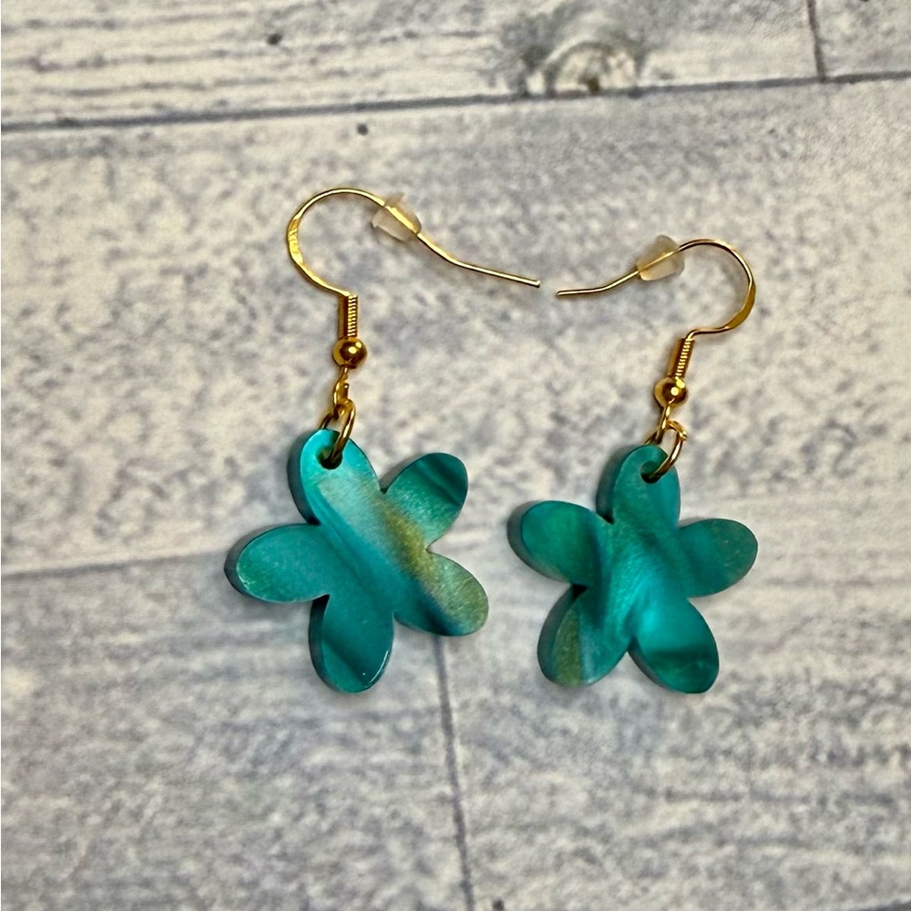 Floral Teal and Gold Earrings